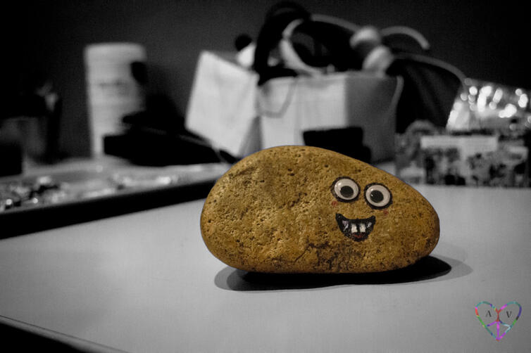 A rock with googly eyes and a big smile