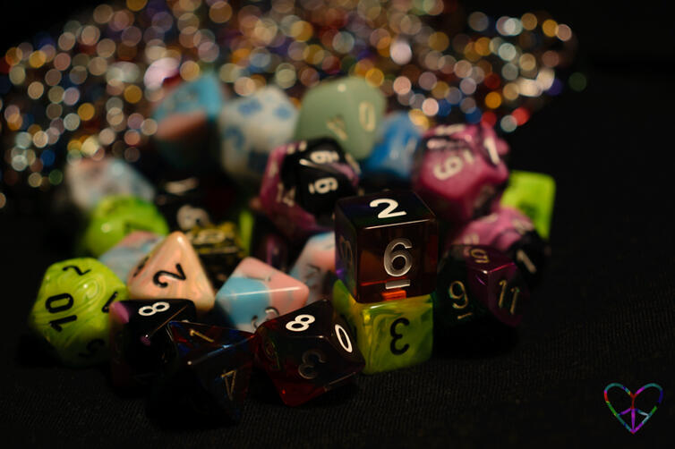 A macro shot of a pile of polyhedral dice